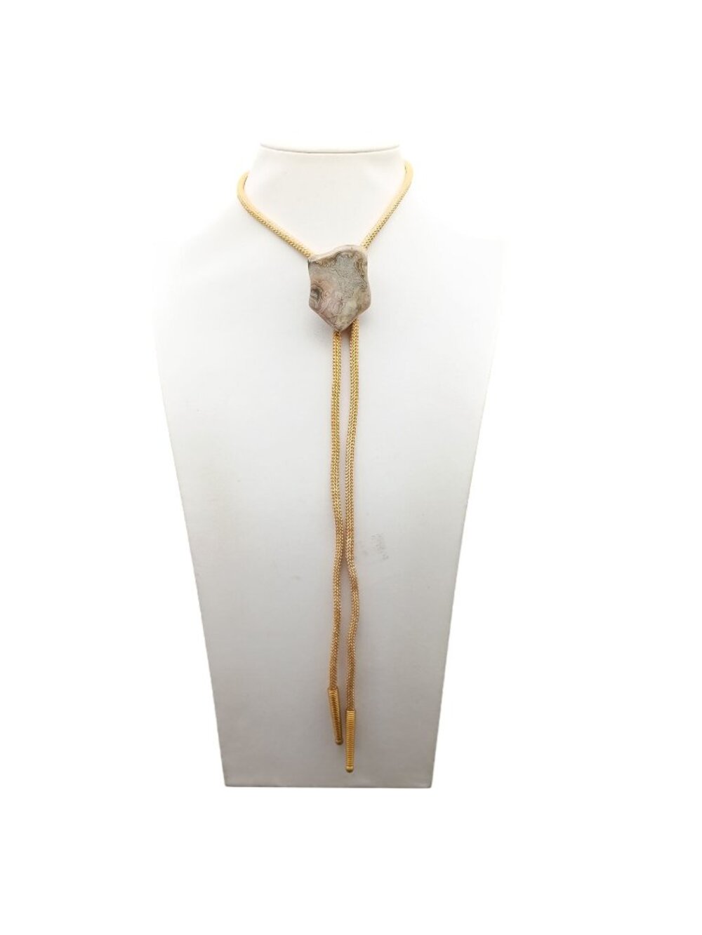 Vintage Tan Bolo Tie Lariat Necklace with Agate Stone Pendant Adjustable Length